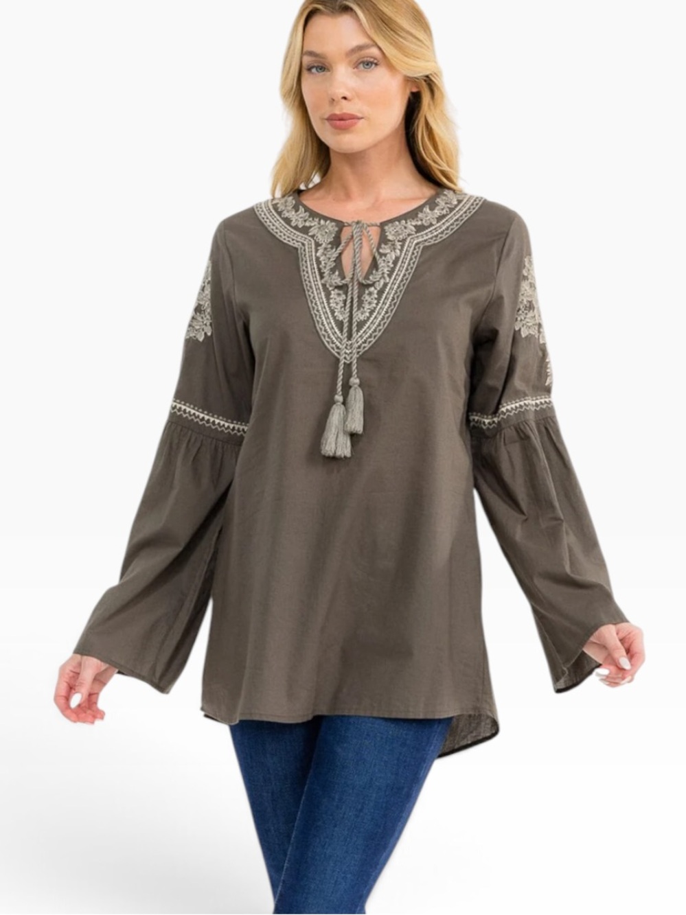 Boho Embroidered Tunic Blouse NWT | Small • Bell Sleeve • V‑Neck Peasant Top - Picture 3 of 4